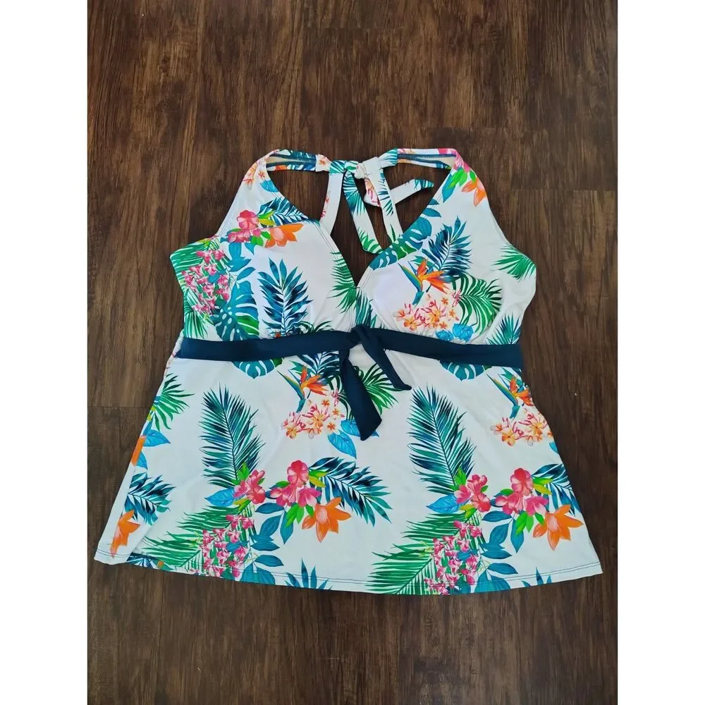 Kim Gravel Swimsuits For All 22W Tropical Floral Tankini Swim Top Plus Size